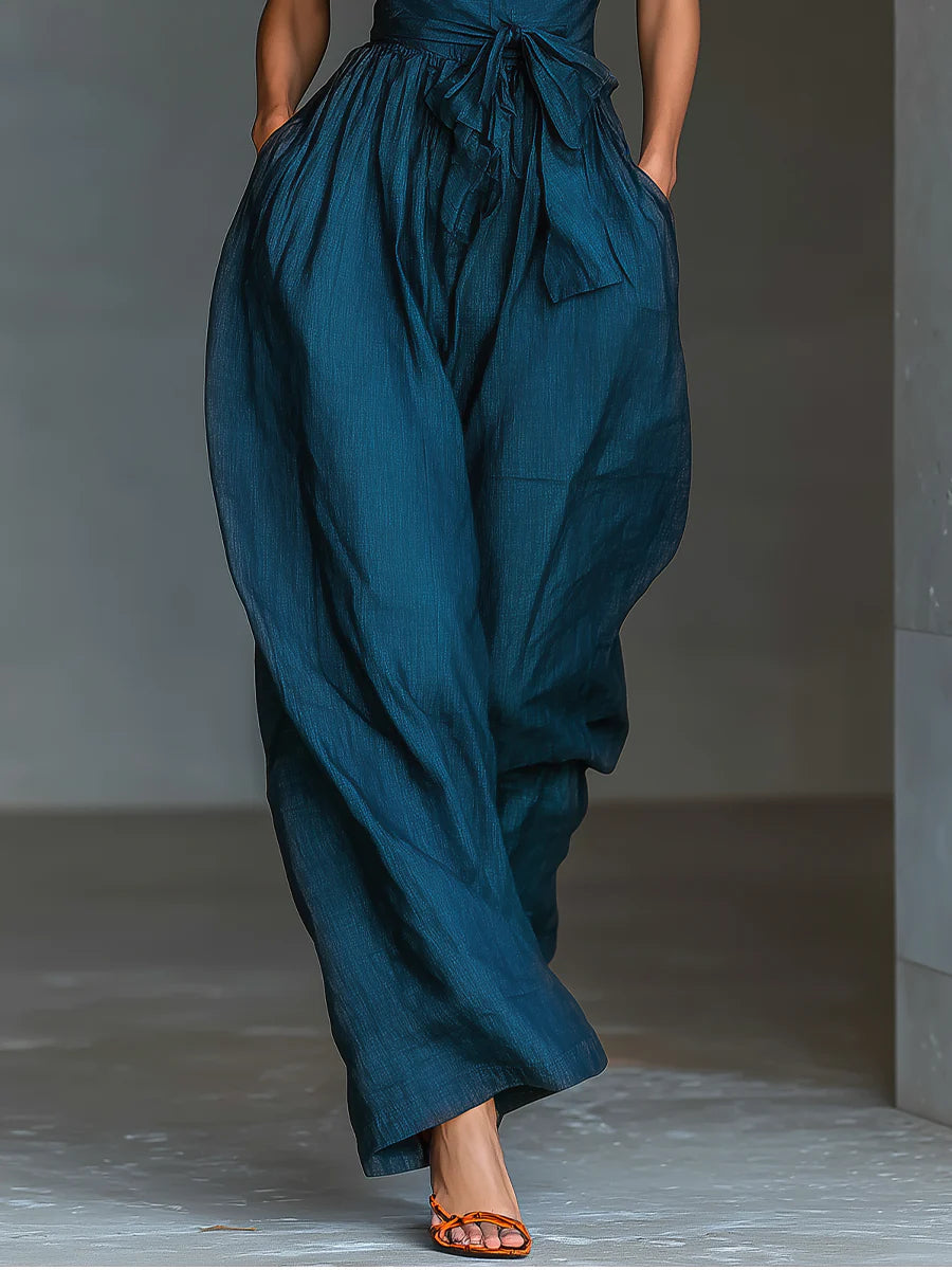 Salopette Ampia con Scollo a Halter Blu Navy con Tasche Laterali