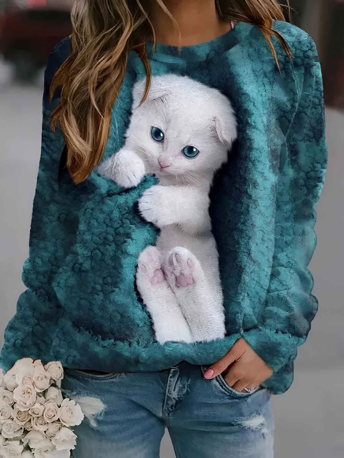 Francesca™ | Maglione alla moda a maniche lunghe con stampa di gatti