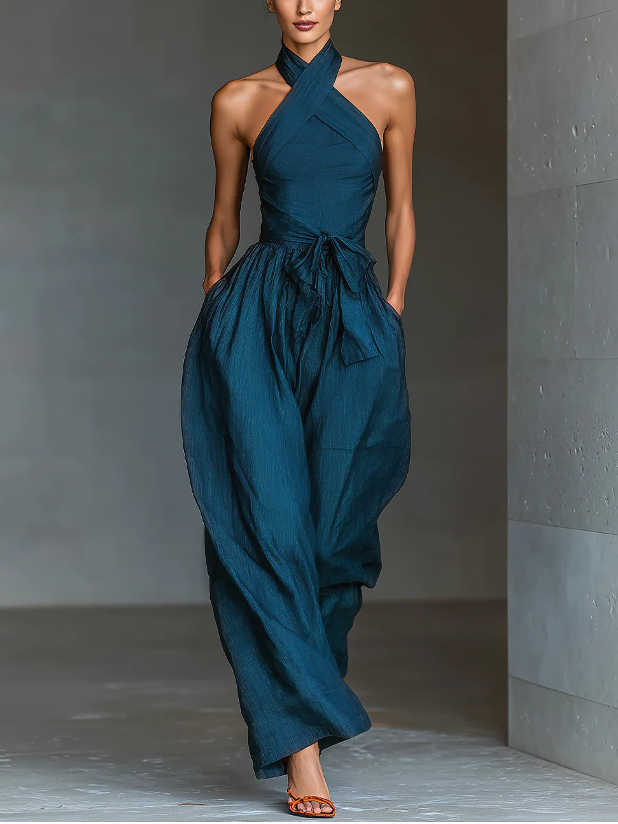 Salopette Ampia con Scollo a Halter Blu Navy con Tasche Laterali