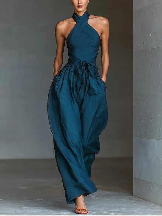 Salopette Ampia con Scollo a Halter Blu Navy con Tasche Laterali
