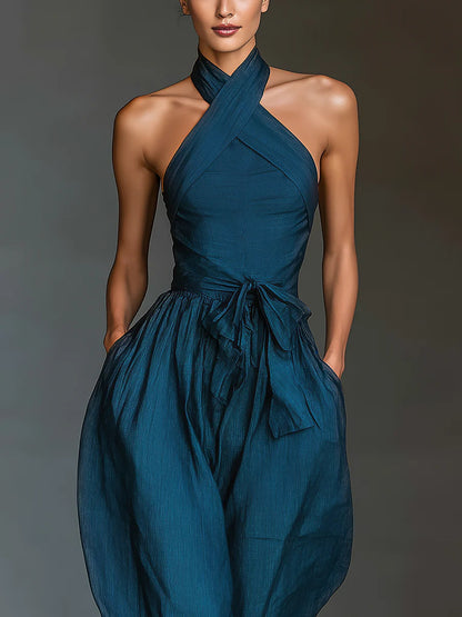 Salopette Ampia con Scollo a Halter Blu Navy con Tasche Laterali