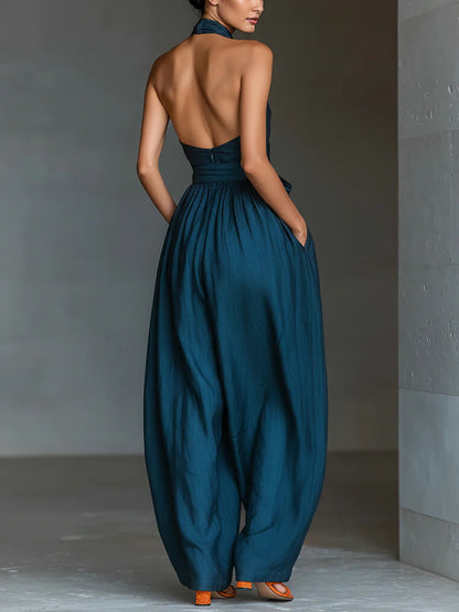 Salopette Ampia con Scollo a Halter Blu Navy con Tasche Laterali