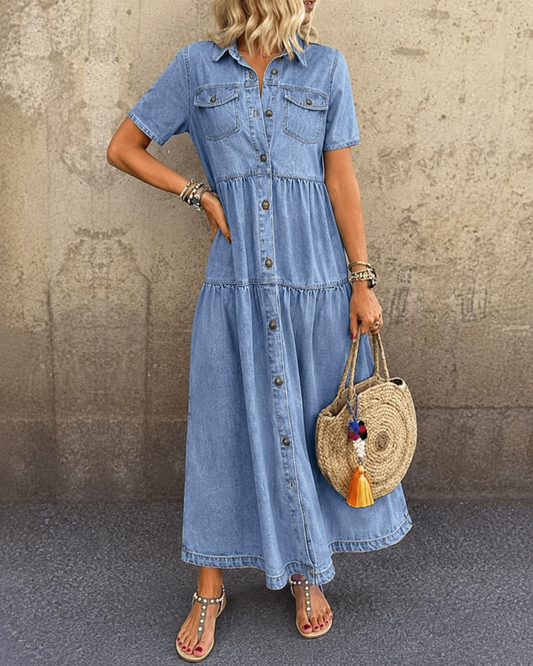 Romy™ | Abito Midi in Denim con Bottoni che Copre la Pancia