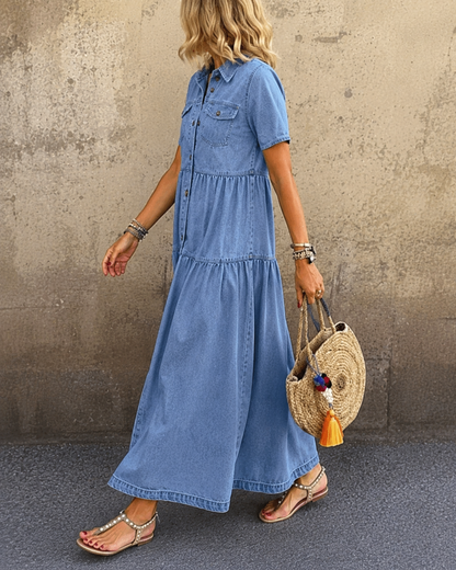 Romy™ | Abito Midi in Denim con Bottoni che Copre la Pancia