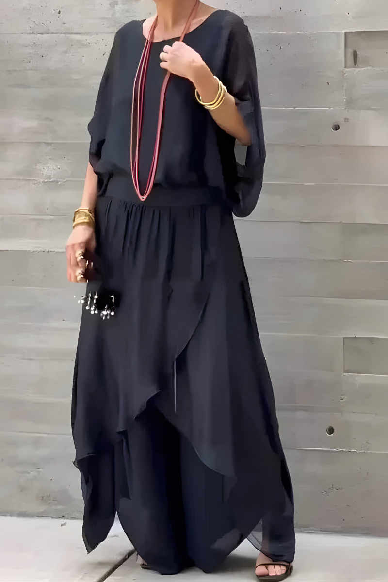 Carlotte | Top ampia e pantaloni larghi con spacco – completo due pezzi in chiffon