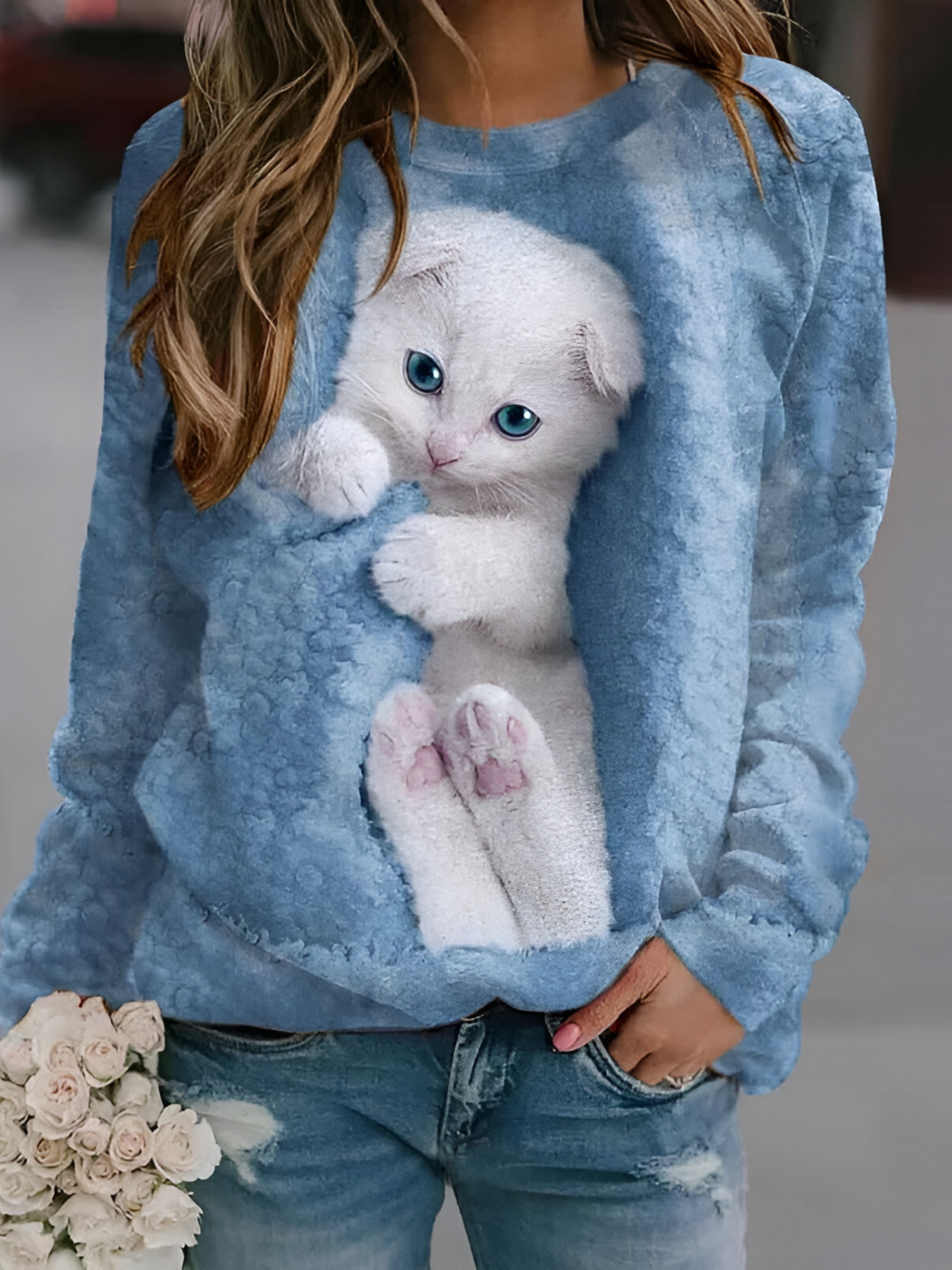 Francesca™ | Maglione alla moda a maniche lunghe con stampa di gatti