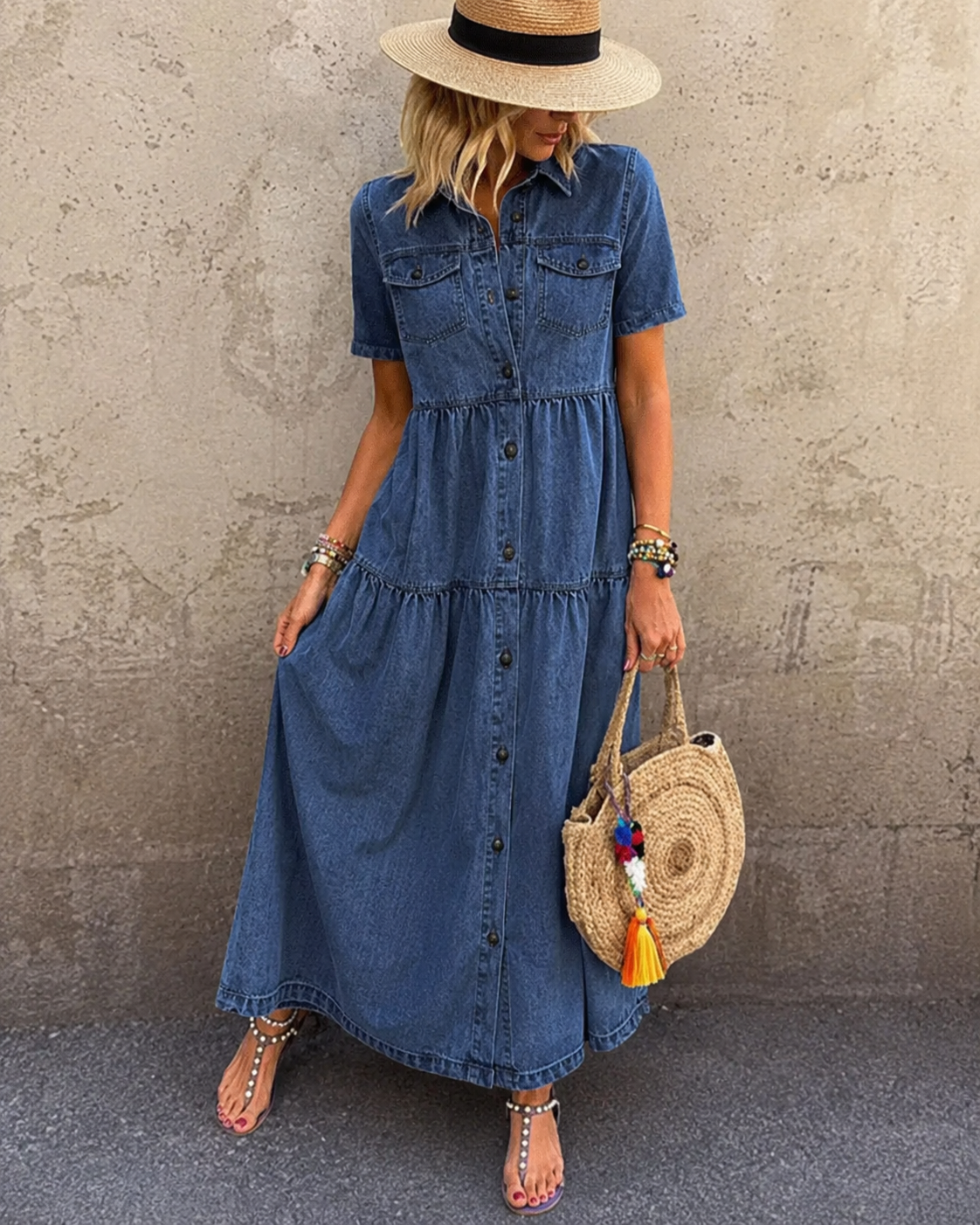 Romy™ | Abito Midi in Denim con Bottoni che Copre la Pancia