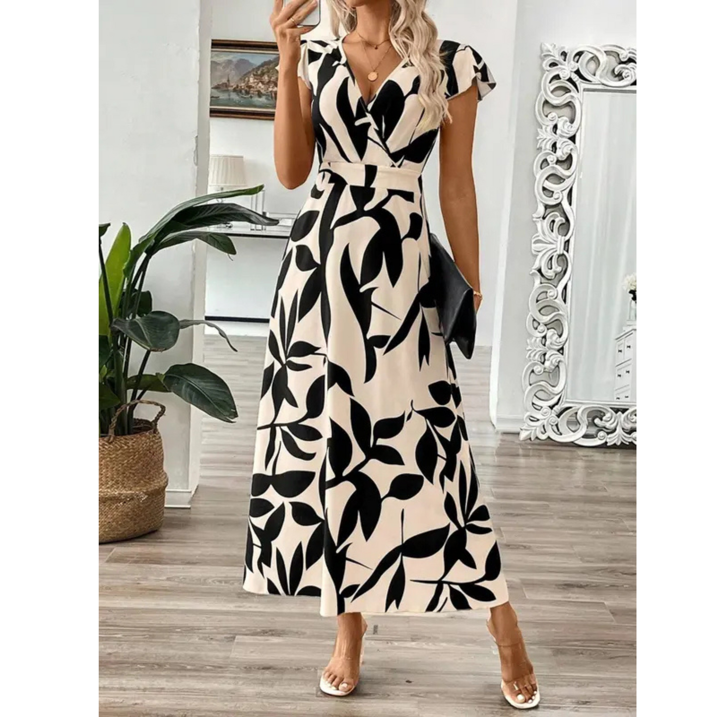 Odessa™ | Elegante Abito Midi con Stampa Foglia