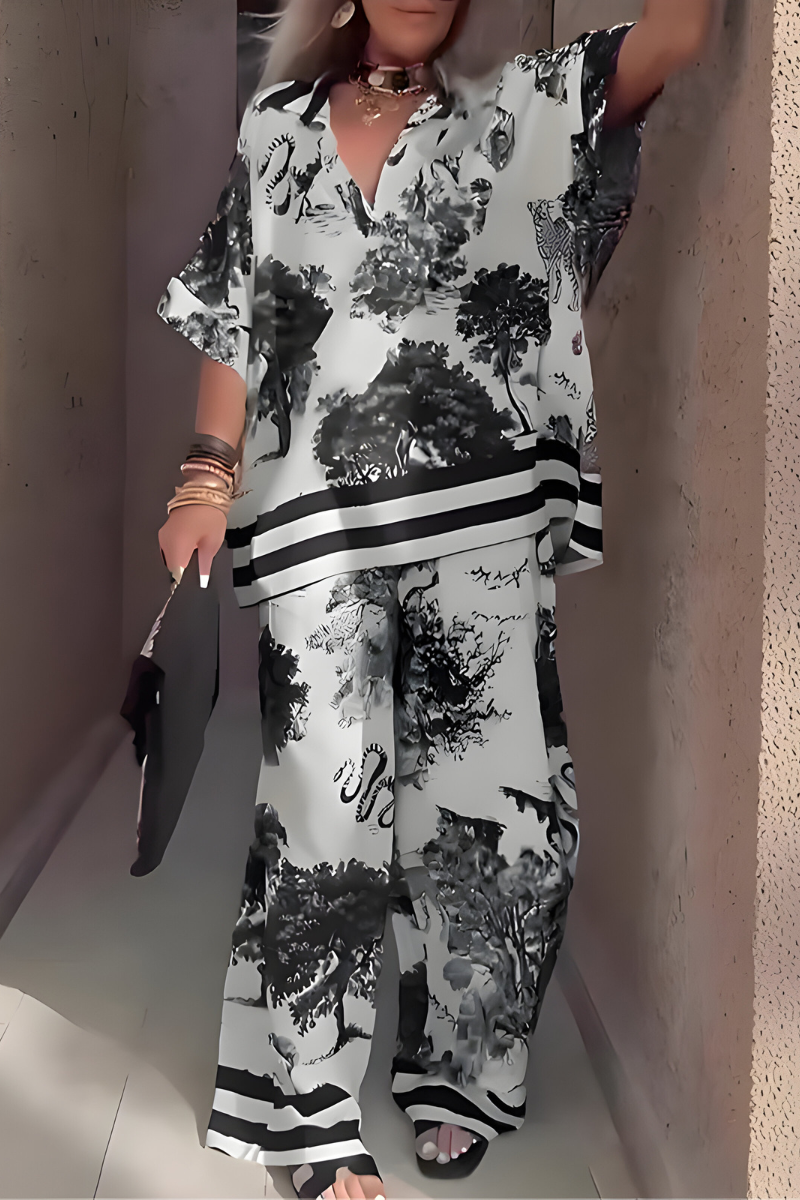 Mila | Top con scollo a V stampata con pantaloni lunghi