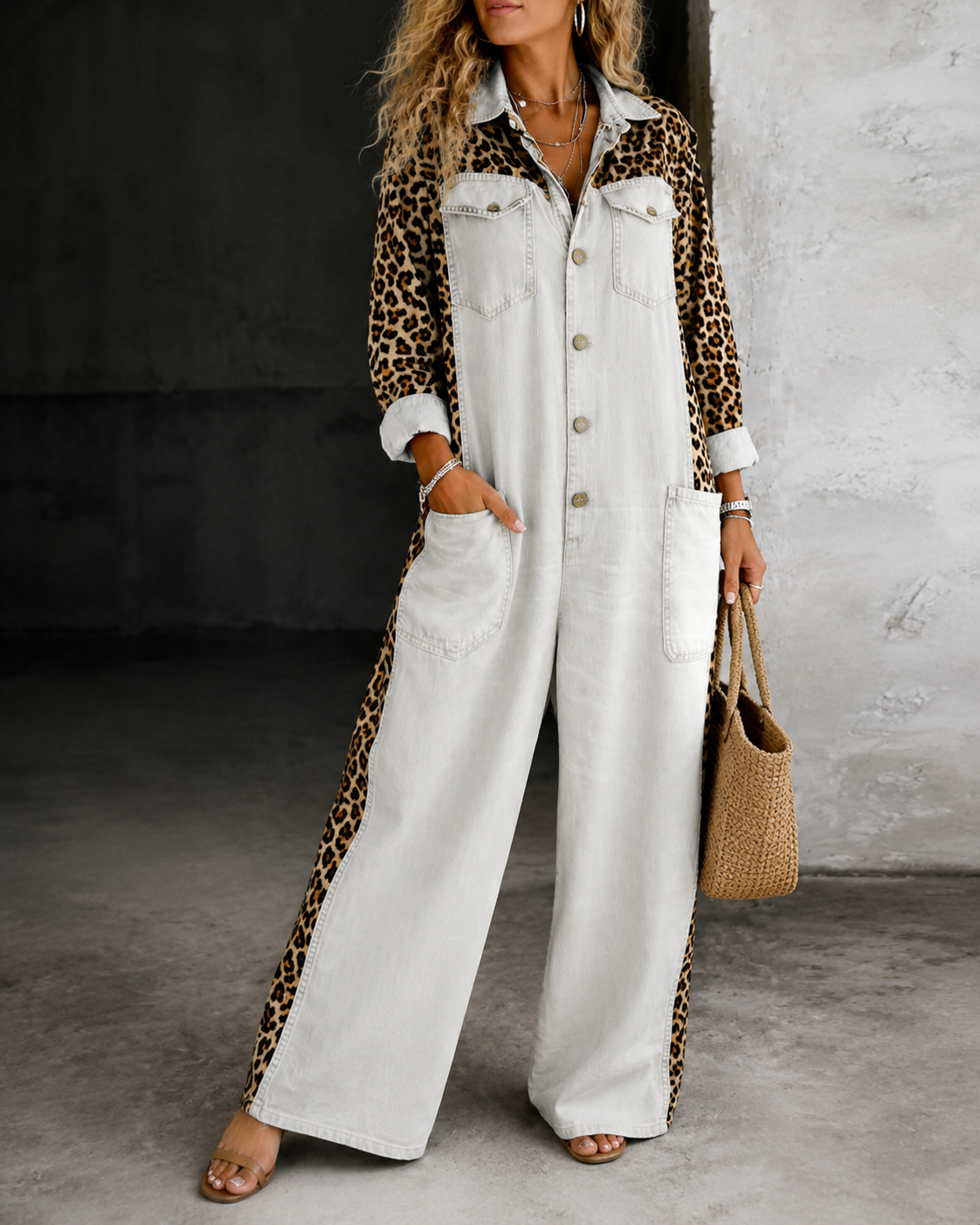 Aven™ | Tuta in Look Denim con Stampa Leopardo