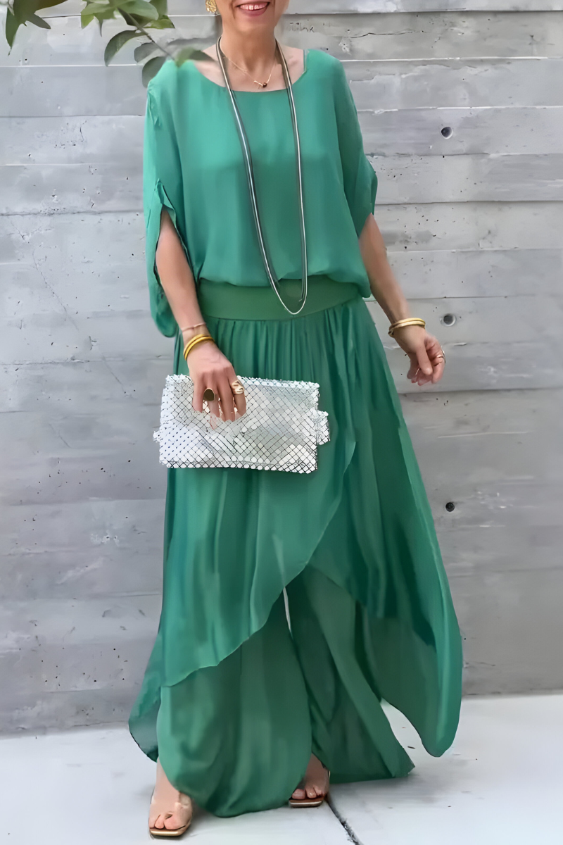 Carlotte | Top ampia e pantaloni larghi con spacco – completo due pezzi in chiffon