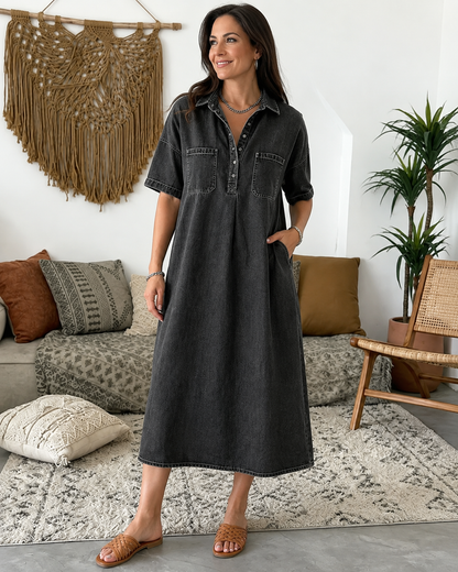 Édith™ | Abito Midi in Denim con Blusa Coprente per Pancia