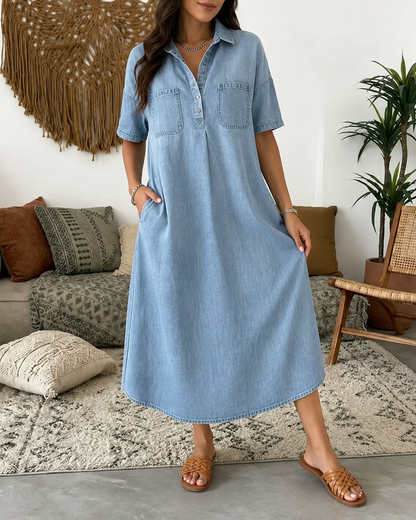 Édith™ | Abito Midi in Denim con Blusa Coprente per Pancia