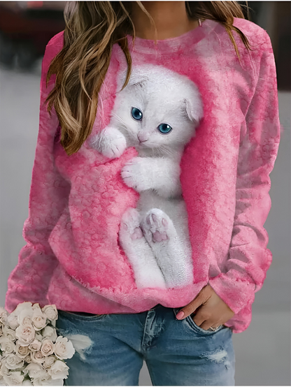 Francesca™ | Maglione alla moda a maniche lunghe con stampa di gatti