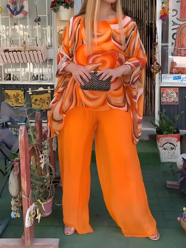 Nicole™ | Completo In Chiffon Colorato Con Scollo Rotondo E Stampa, Stile Casual