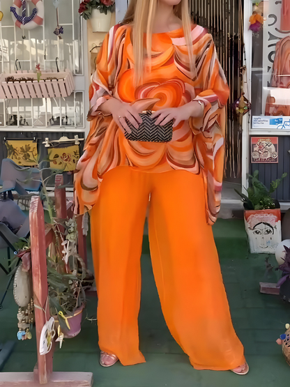 Nicole™ | Completo In Chiffon Colorato Con Scollo Rotondo E Stampa, Stile Casual