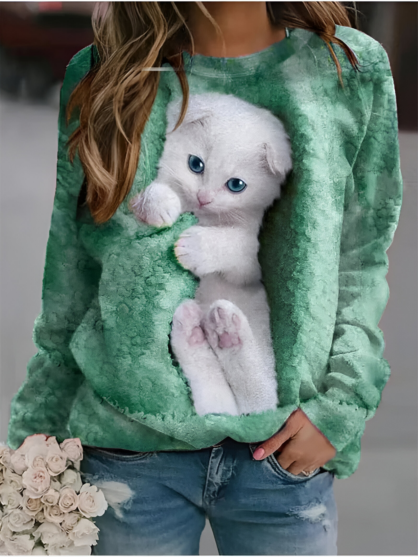 Francesca™ | Maglione alla moda a maniche lunghe con stampa di gatti
