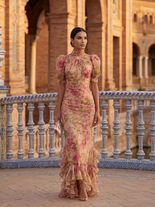 Elira™ | Elegante Abito Maxi con Rouches a Fiori