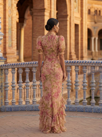 Elira™ | Elegante Abito Maxi con Rouches a Fiori