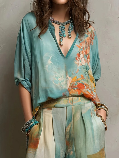 Nina™ | Elegante Set Floreale con Pantaloni Ampi