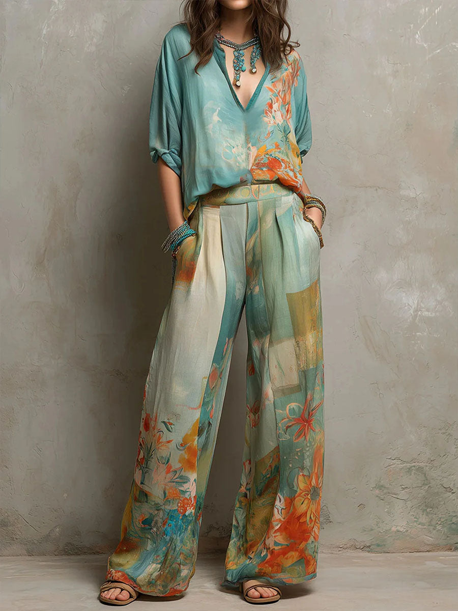Nina™ | Elegante Set Floreale con Pantaloni Ampi