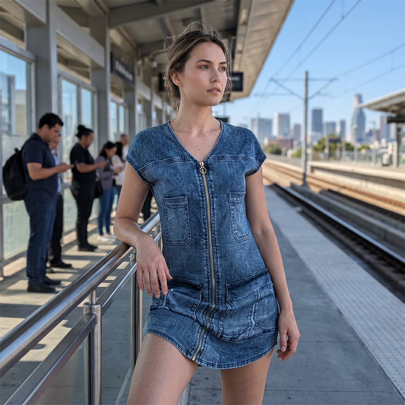 Linda™ | Mini Abito in Denim con Zip che Copre la Pancia